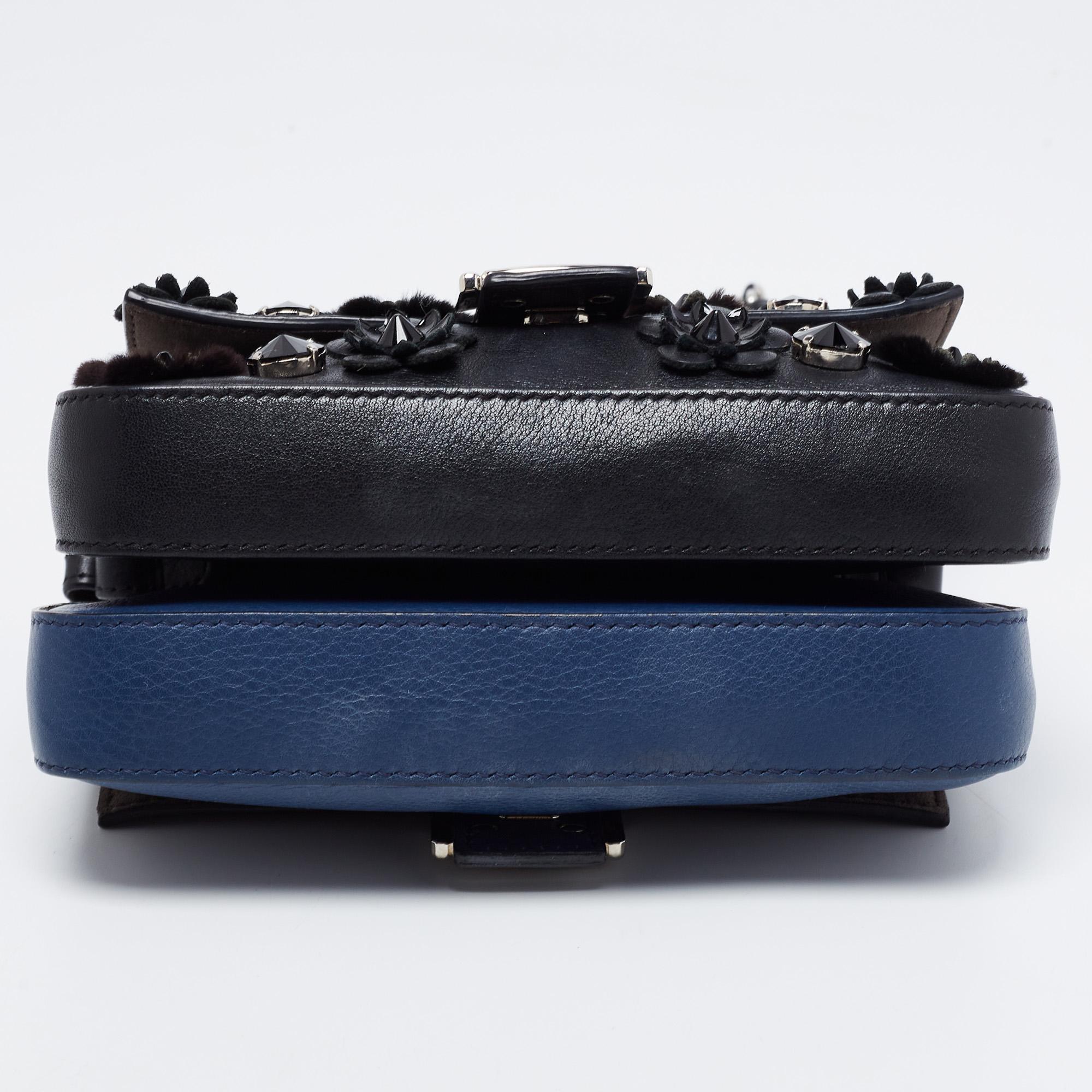Fendi Blue/Black Flowerland Leather Double Micro Baguette Bag In Good Condition In Dubai, Al Qouz 2