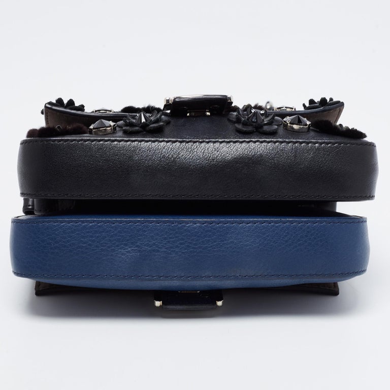 Fendi Blue/Black Flowerland Leather Double Micro Baguette Bag For Sale 1