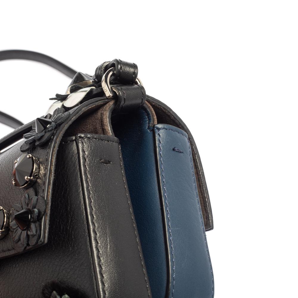 Fendi Blue/Black Flowerland Leather Double Micro Baguette Bag In Good Condition In Dubai, Al Qouz 2