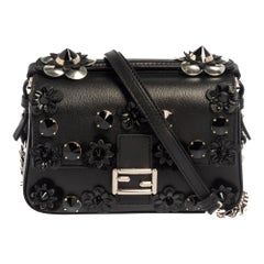 Fendi Blue/Black Flowerland Leather Double Micro Baguette Bag