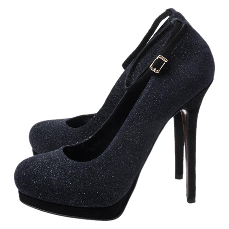 Fendi Blue/Black Glitter Suede Platform Ankle Strap Pumps Size 40 2