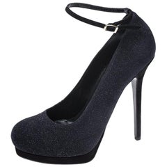 Fendi Blue/Black Glitter Suede Platform Ankle Strap Pumps Size 40