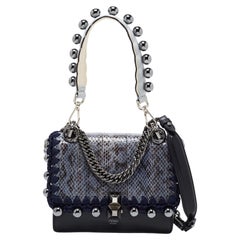 Fendi Blue/Black Karung and Leather Small Kan I Embellished Shoulder Bag
