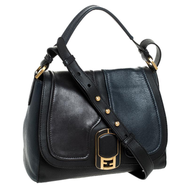 Fendi Blue/Black Leather Silvana Top Handle Bag In Good Condition In Dubai, Al Qouz 2