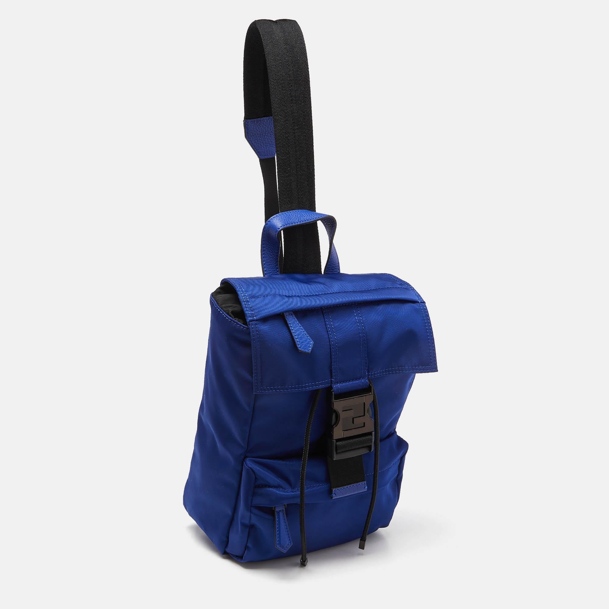 Fendi Blue/Black Nylon Small Fendiness Sling Backpack For Sale 9