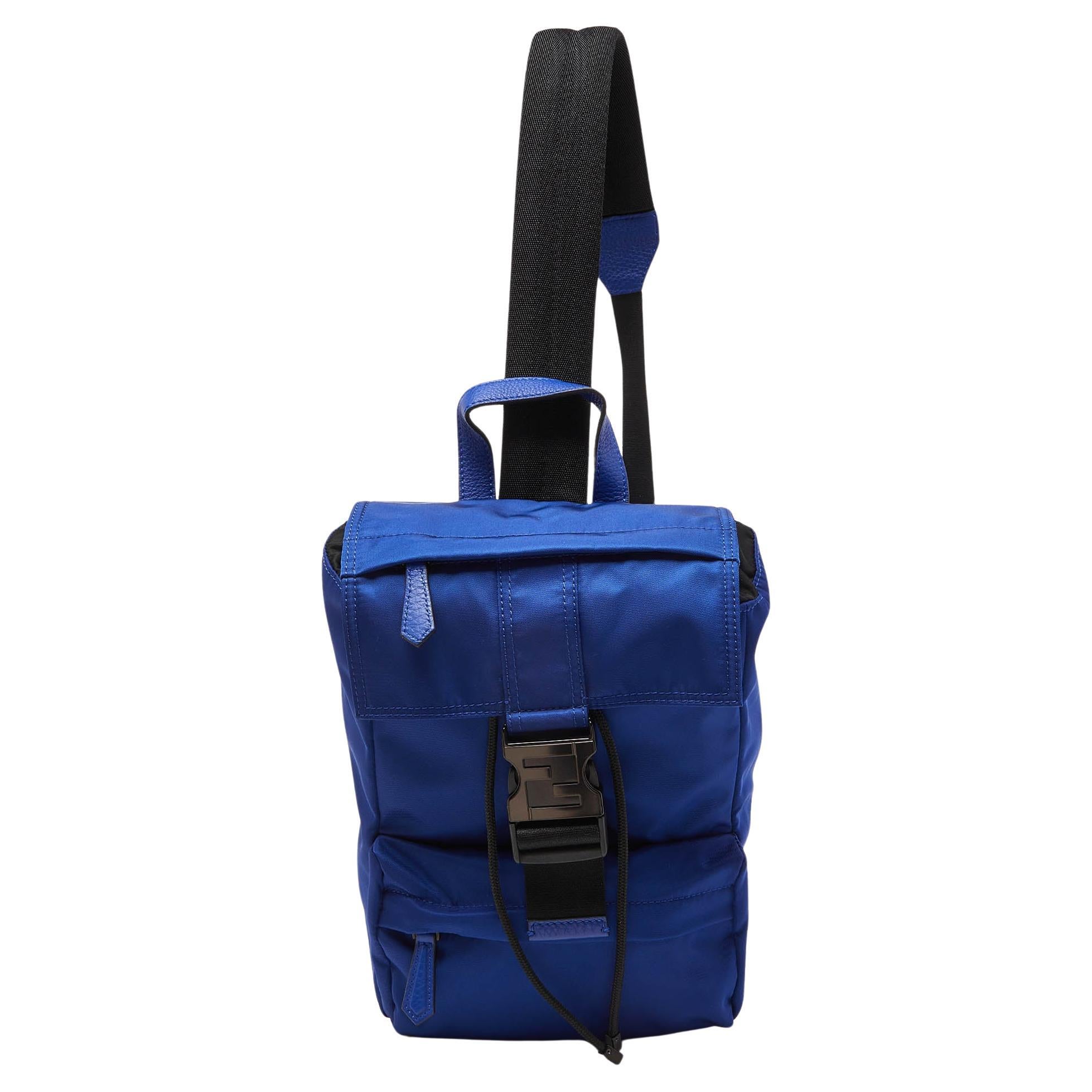 Fendi Blue/Black Nylon Small Fendiness Sling Backpack For Sale