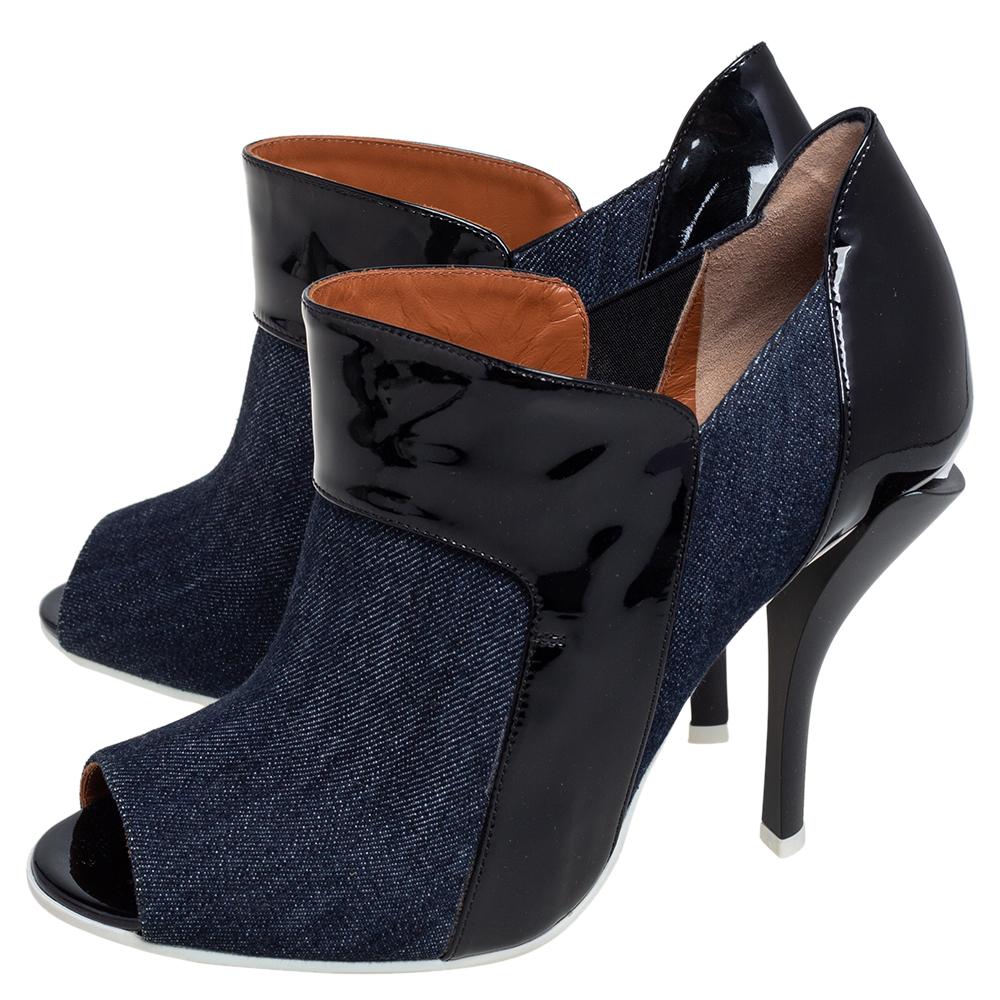 Fendi Blue/Black Patent Leather and Canvas Peep Toe Booties Size 40 3