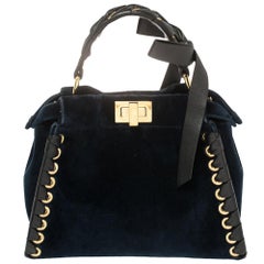 Fendi - Mini sac à main Peekaboo bleu/noir en velours et cuir avec rubans