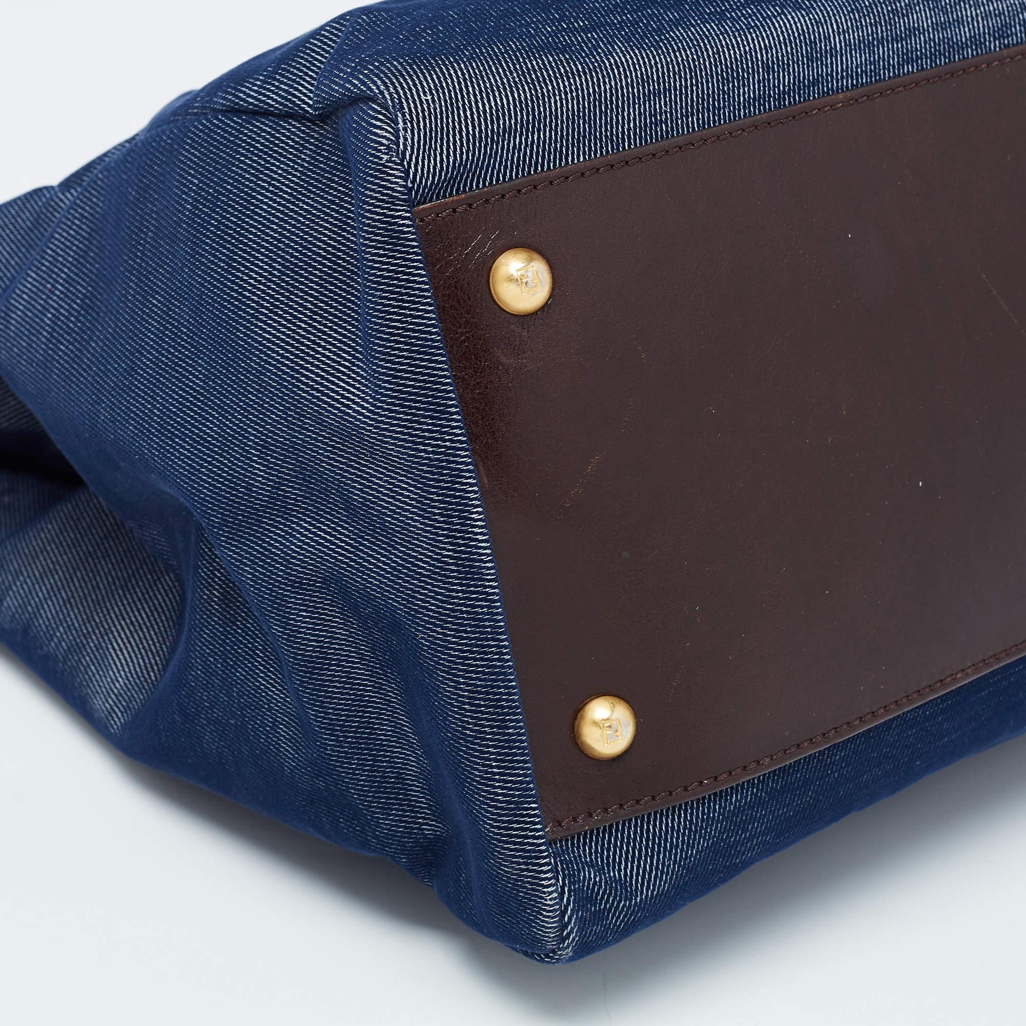 Fendi Blue/Brown Denim and Leather Large Peekaboo Top Handle Bag For Sale 6