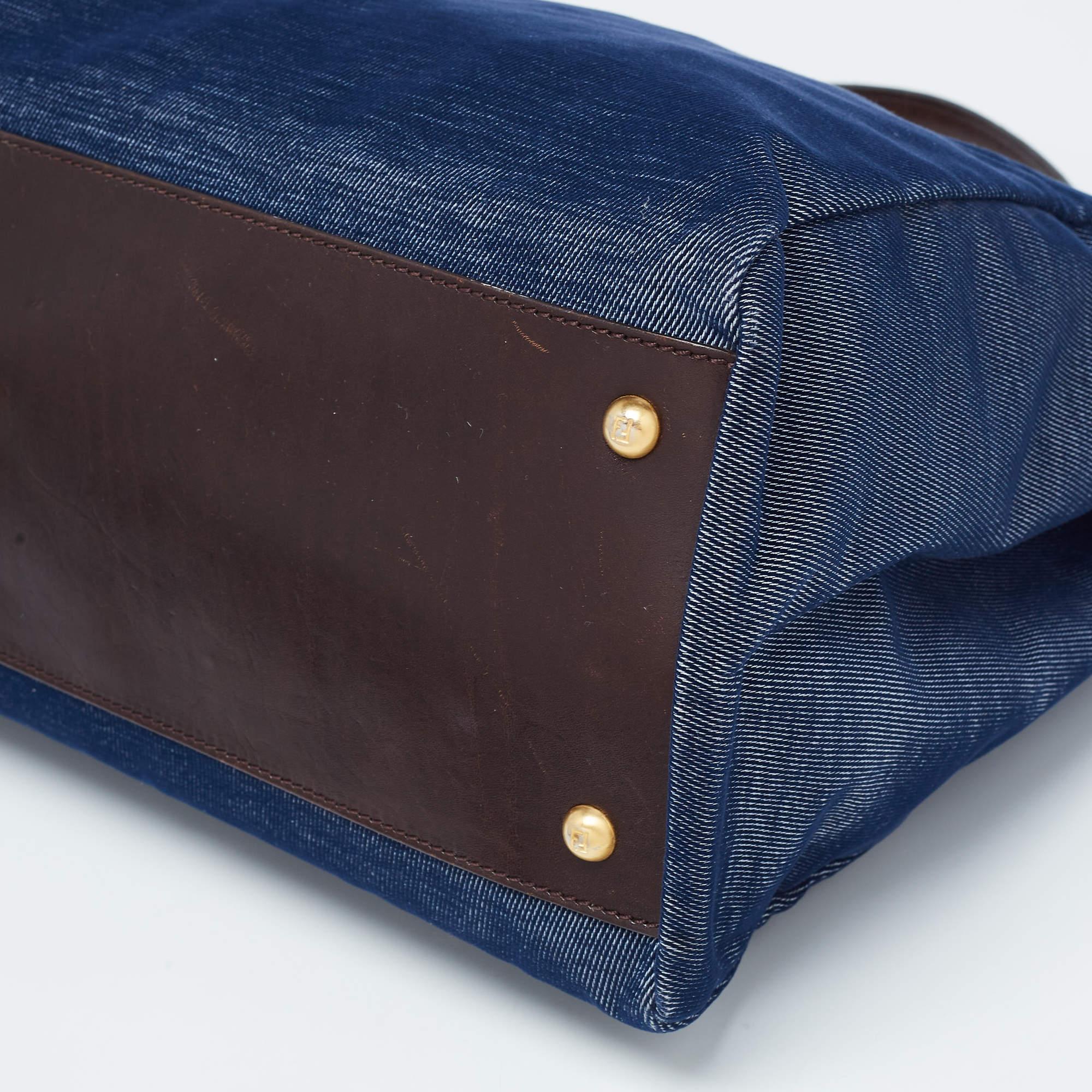 Fendi Blue/Brown Denim and Leather Large Peekaboo Top Handle Bag For Sale 7