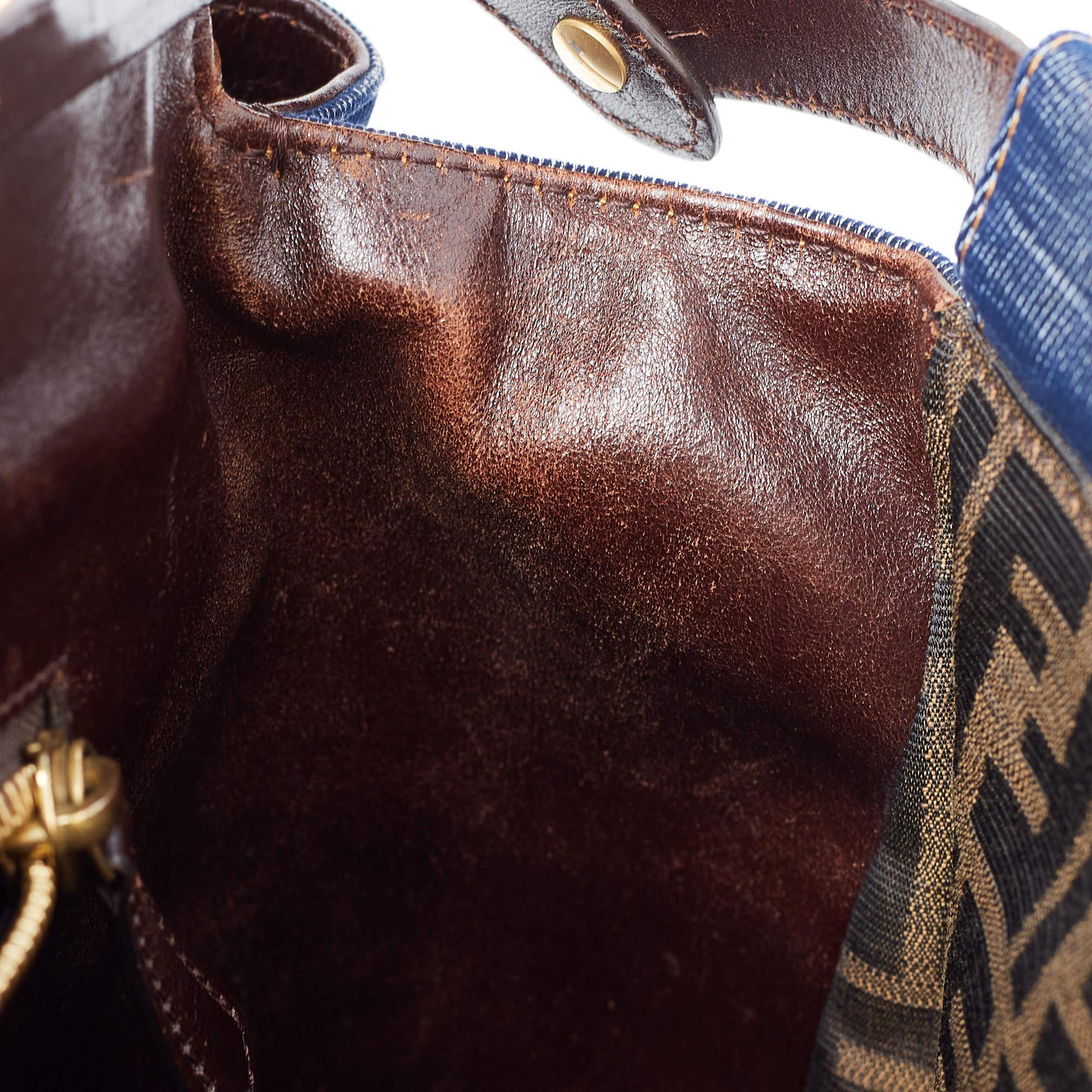 Fendi Blue/Brown Denim and Leather Large Peekaboo Top Handle Bag In Good Condition For Sale In Dubai, Al Qouz 2