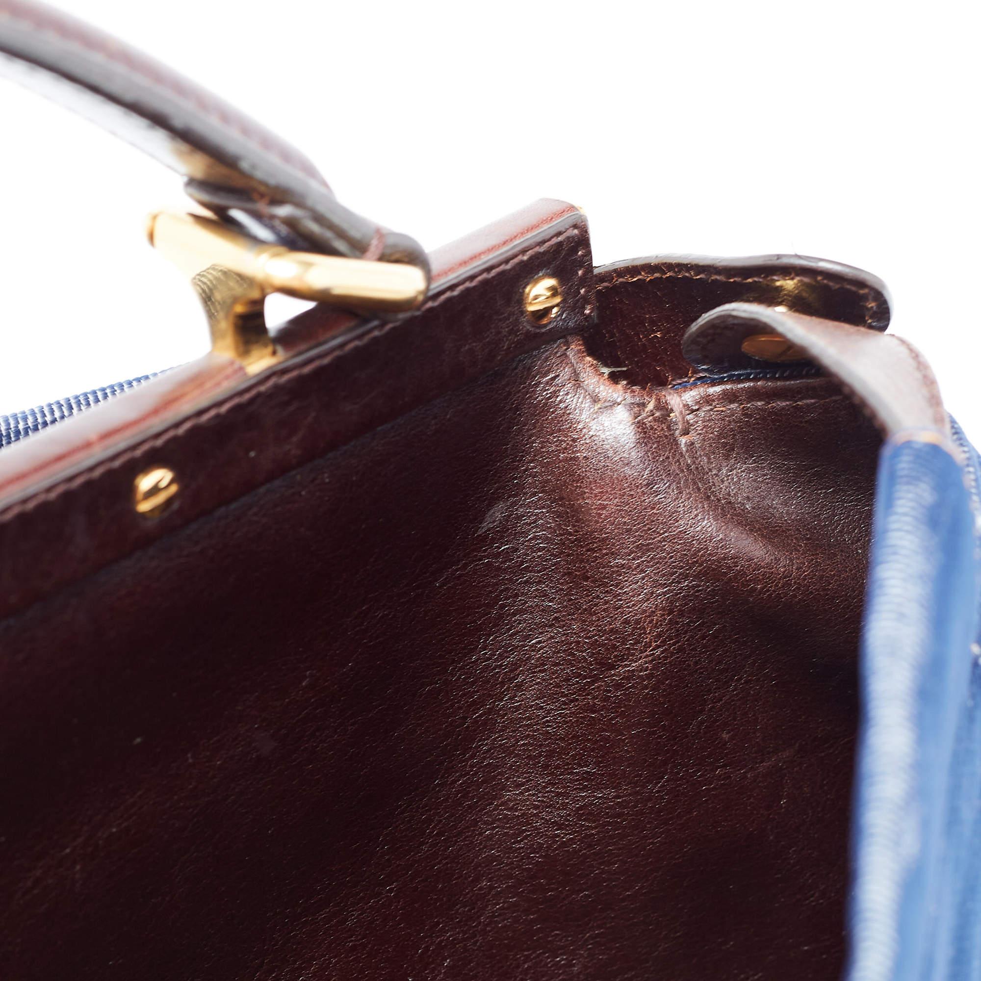 Fendi Blue/Brown Denim and Leather Large Peekaboo Top Handle Bag For Sale 1