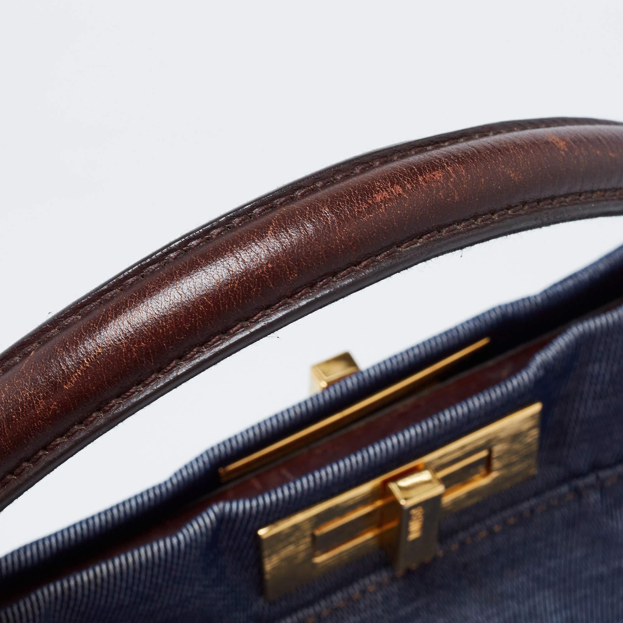 Fendi Blue/Brown Denim and Leather Large Peekaboo Top Handle Bag For Sale 2