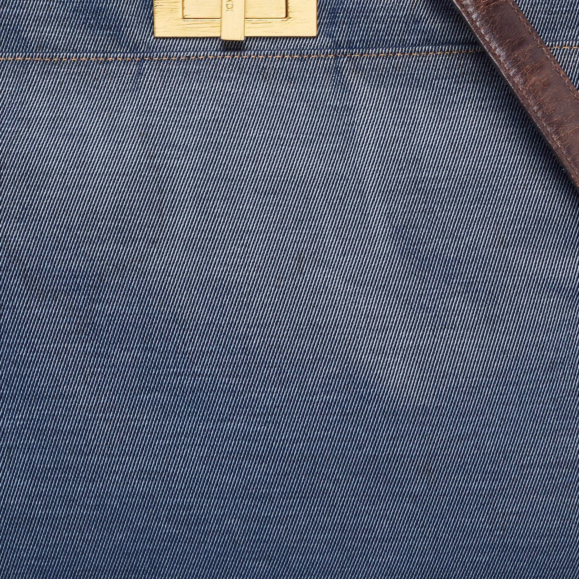 Fendi Blue/Brown Denim and Leather Large Peekaboo Top Handle Bag For Sale 3