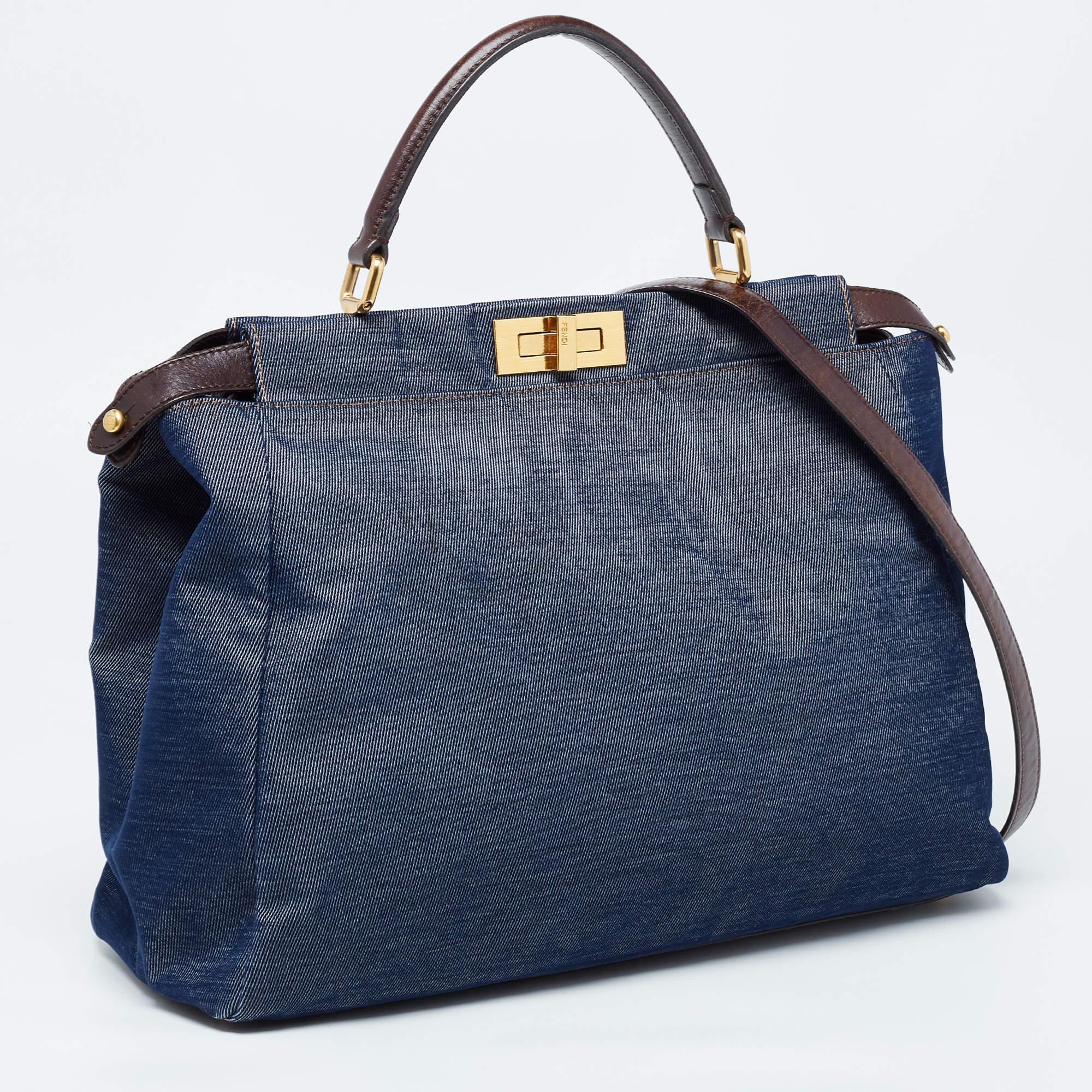 Fendi Blue/Brown Denim and Leather Large Peekaboo Top Handle Bag For Sale 4