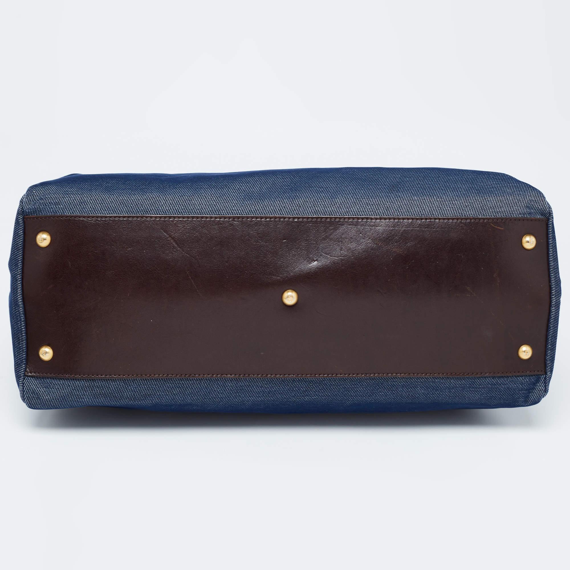 Fendi Blue/Brown Denim and Leather Large Peekaboo Top Handle Bag For Sale 5