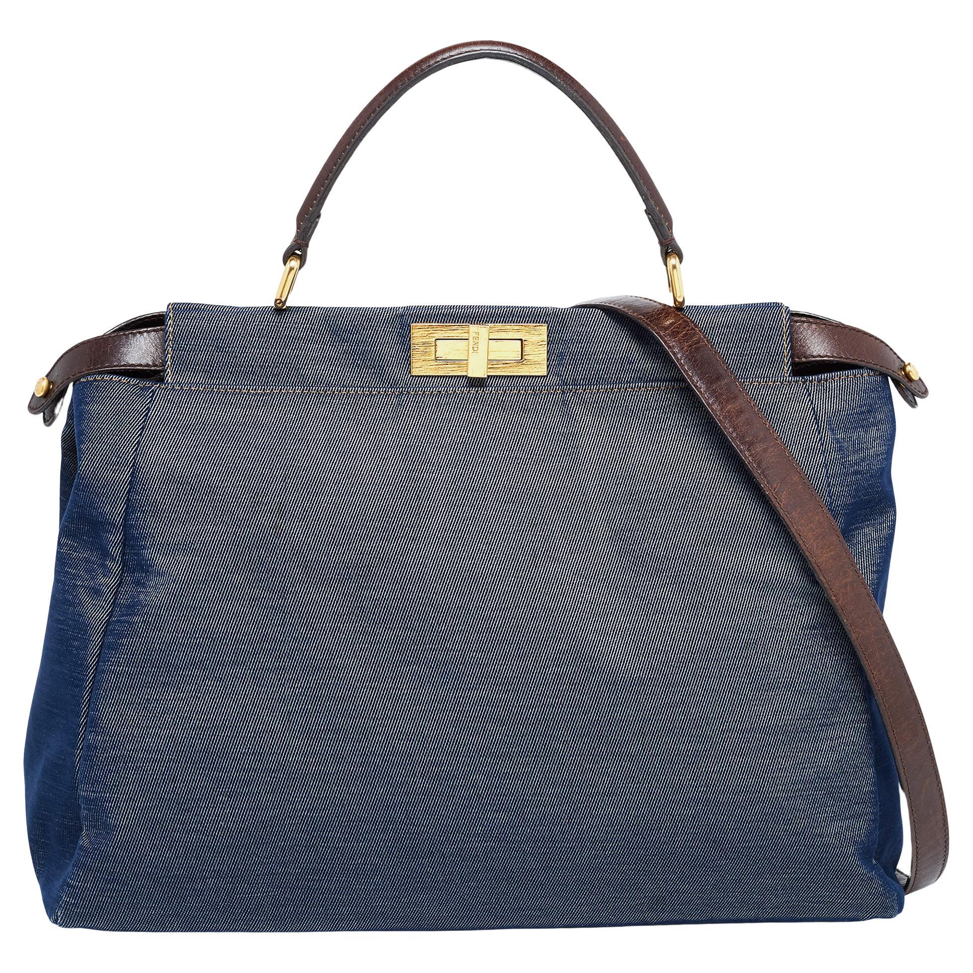 Fendi Blue/Brown Denim and Leather Large Peekaboo Top Handle Bag For Sale