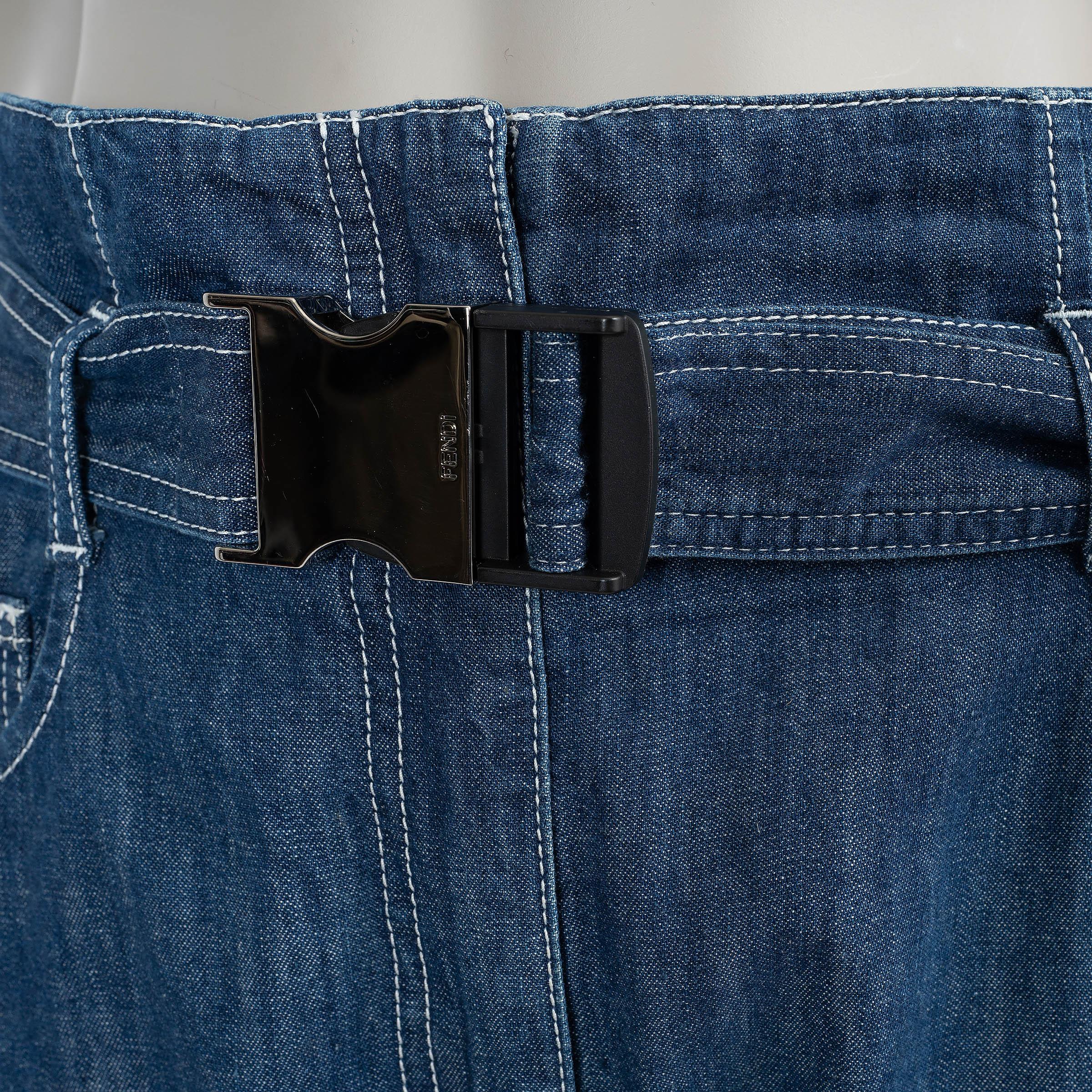 FENDI blue cotton 2018 BELTED PAPERBAG WAIST Jeans Pants 42 M In Excellent Condition For Sale In Zürich, CH