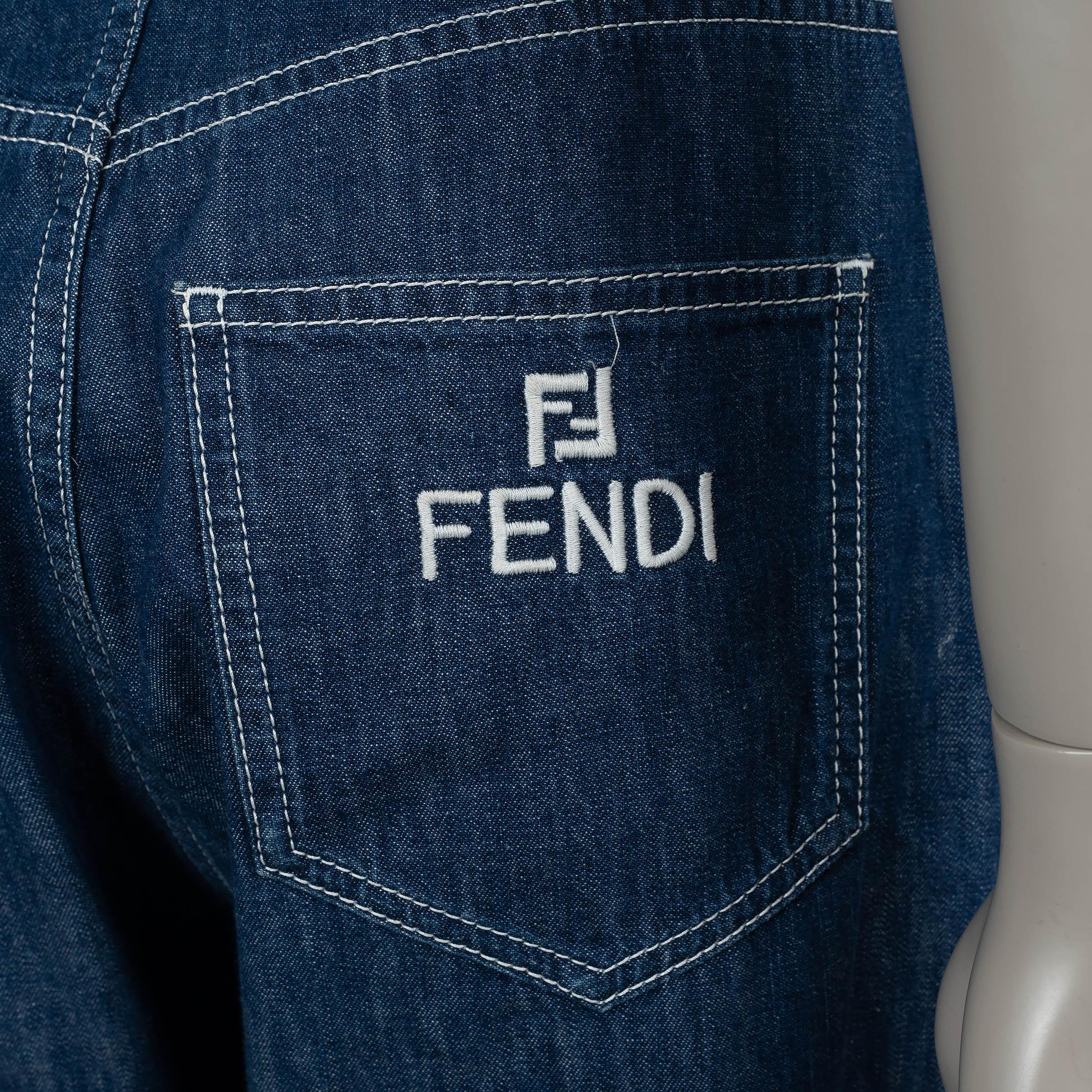 Women's FENDI blue cotton 2018 BELTED PAPERBAG WAIST Jeans Pants 42 M For Sale