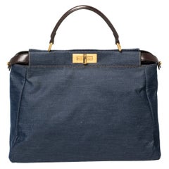 Fendi Blue/Dark Brown Denim and Leather Large Peekaboo Top Handle Bag