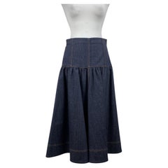 Fendi Blue Denim A-Line Midi Skirt with Embroidered Palm Size 38 IT