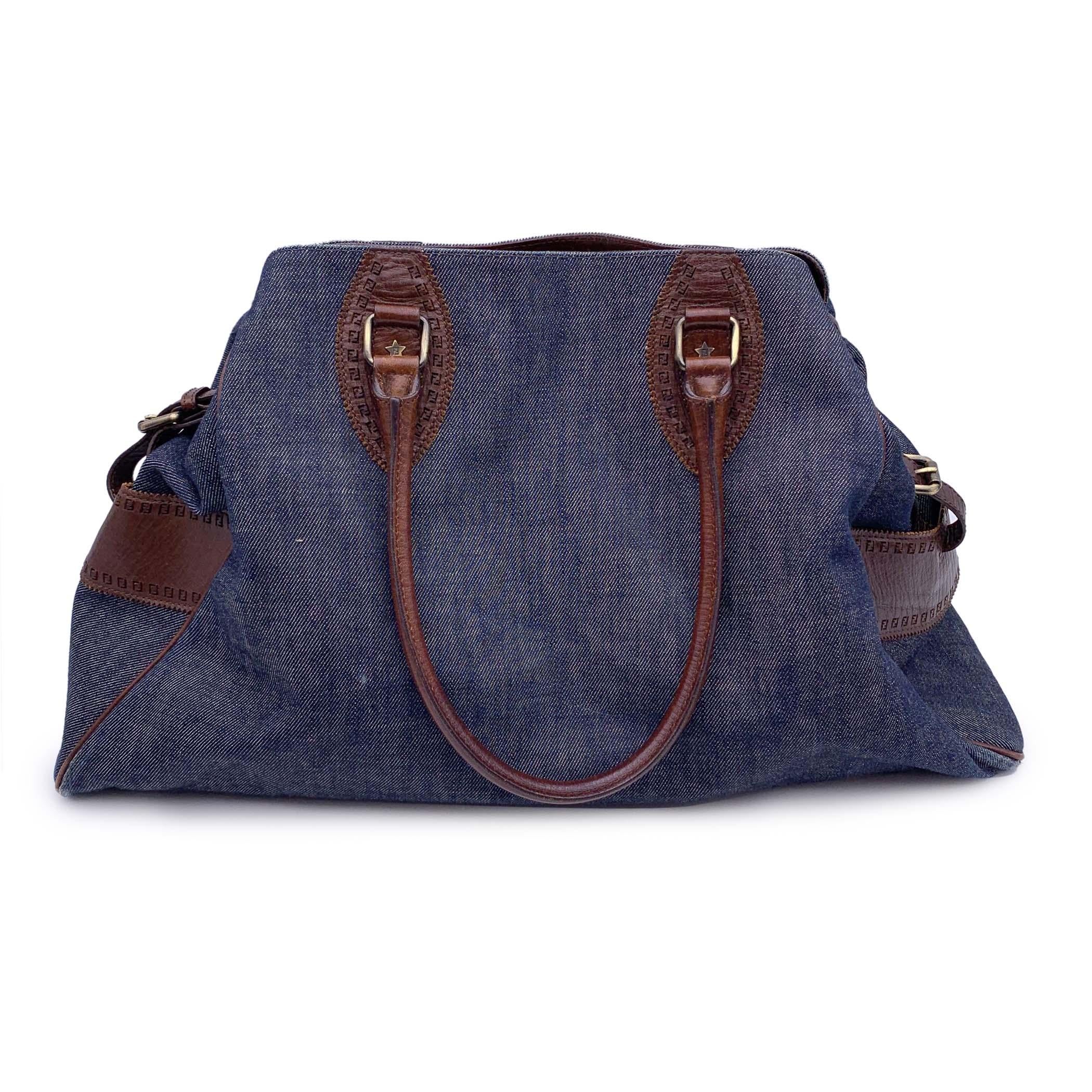 Fendi Blue Denim and Brown Leather Du Jour Shoulder Bag Tote In Excellent Condition In Rome, Rome