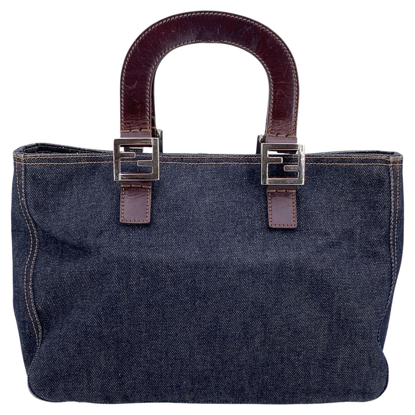Fendi Sac fourre-tout en denim bleu et cuir Brown Sac à main