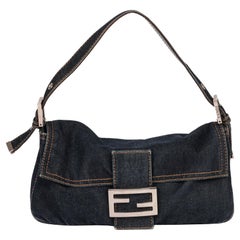 FENDI Blaues Denim & Braunes Kalbsleder Vintage Baguette-Leder