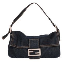 FENDI Blue Denim & Brown Calfskin Leather Vintage Baguette