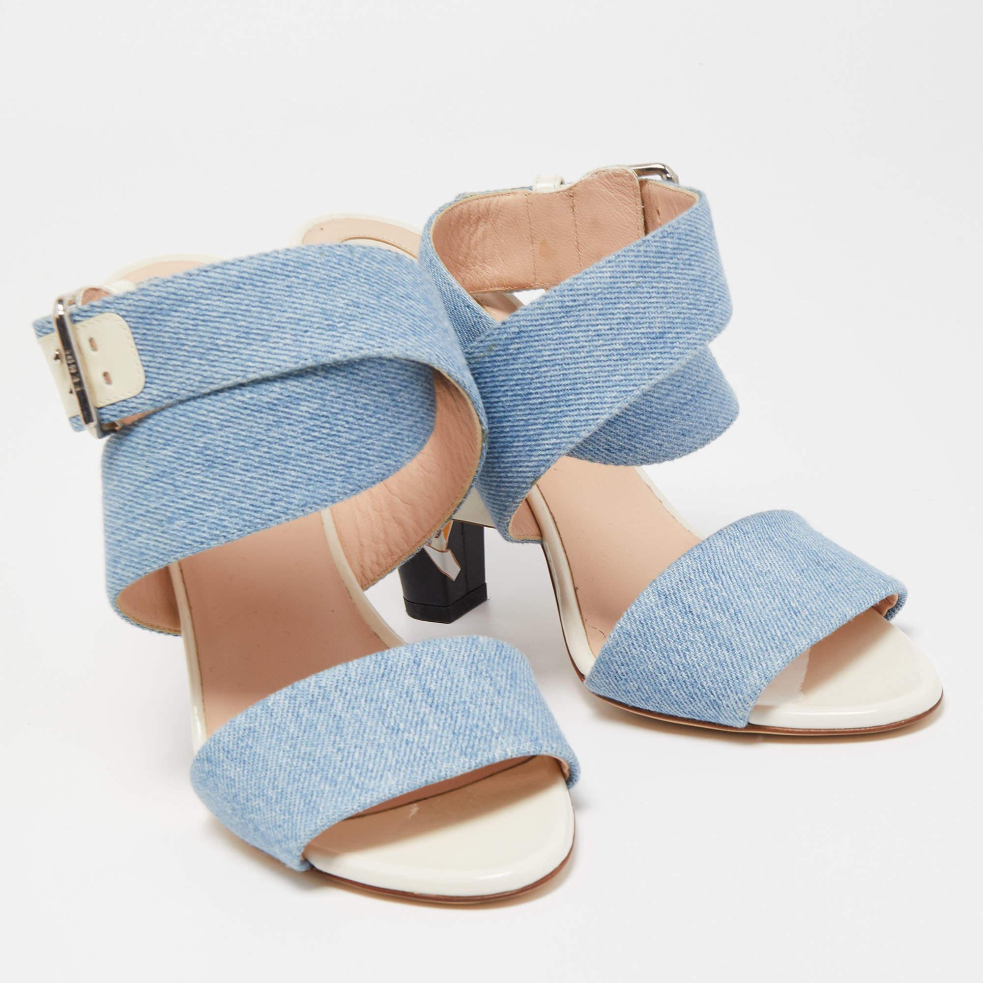 Gray Fendi Blue Denim Buckle Detail Floral Heel Ankle Wrap Sandals Size 39