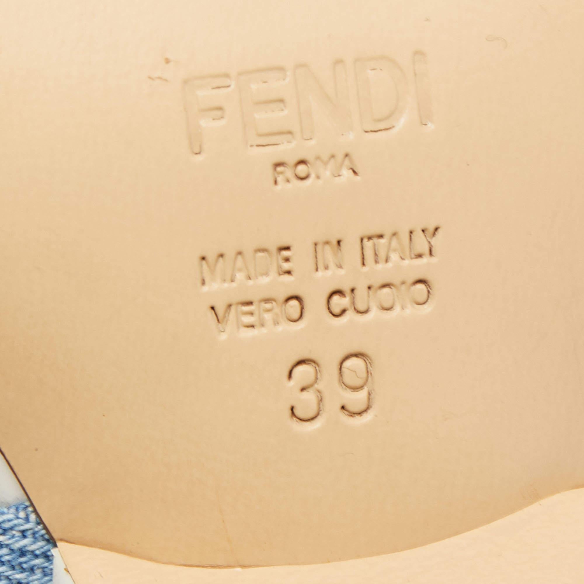 Fendi Blue Denim Buckle Detail Floral Heel Ankle Wrap Sandals Size 39 In Excellent Condition In Dubai, Al Qouz 2