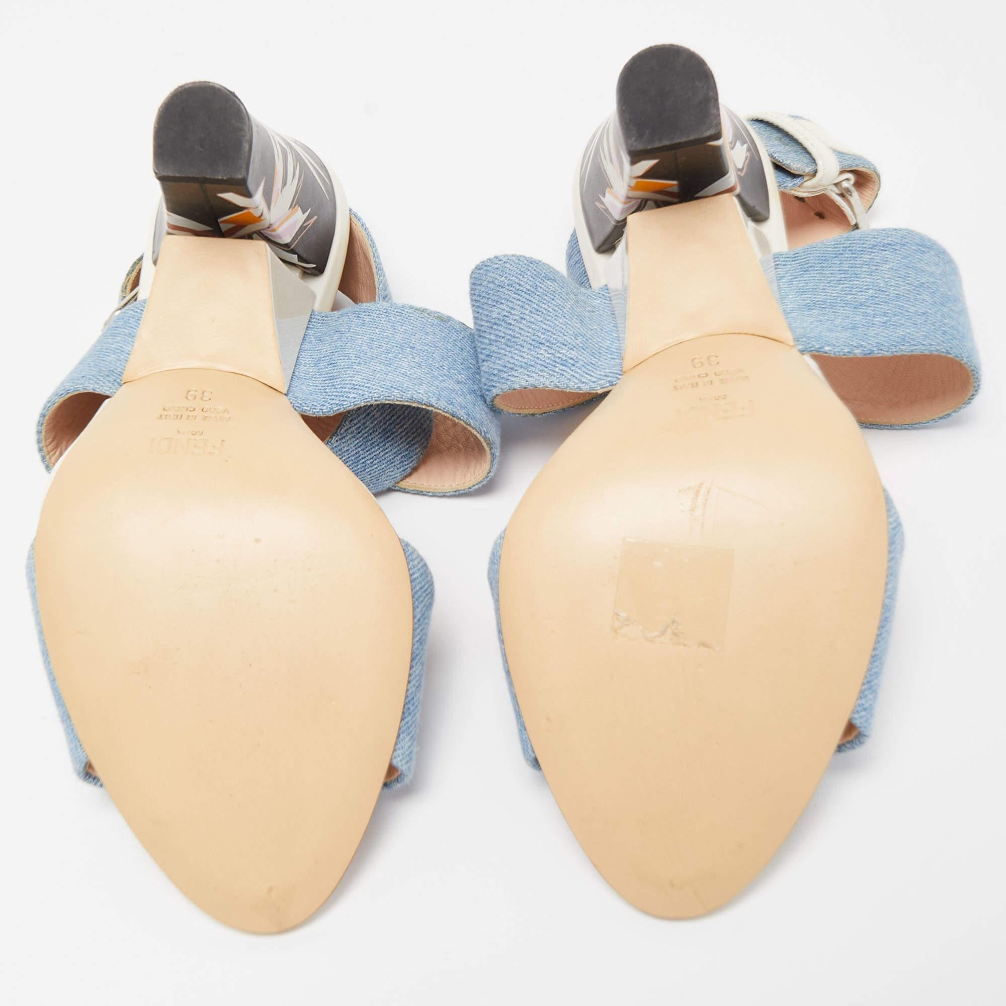 Women's Fendi Blue Denim Buckle Detail Floral Heel Ankle Wrap Sandals Size 39