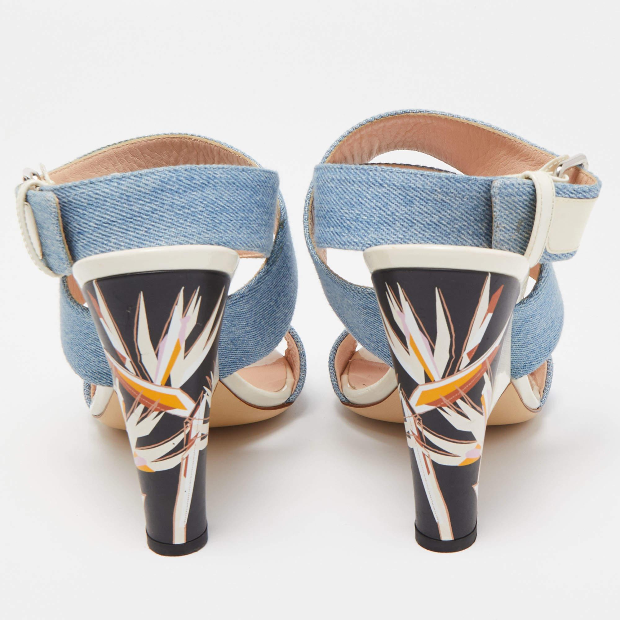 Fendi Blue Denim Buckle Detail Floral Heel Ankle Wrap Sandals Size 39 1