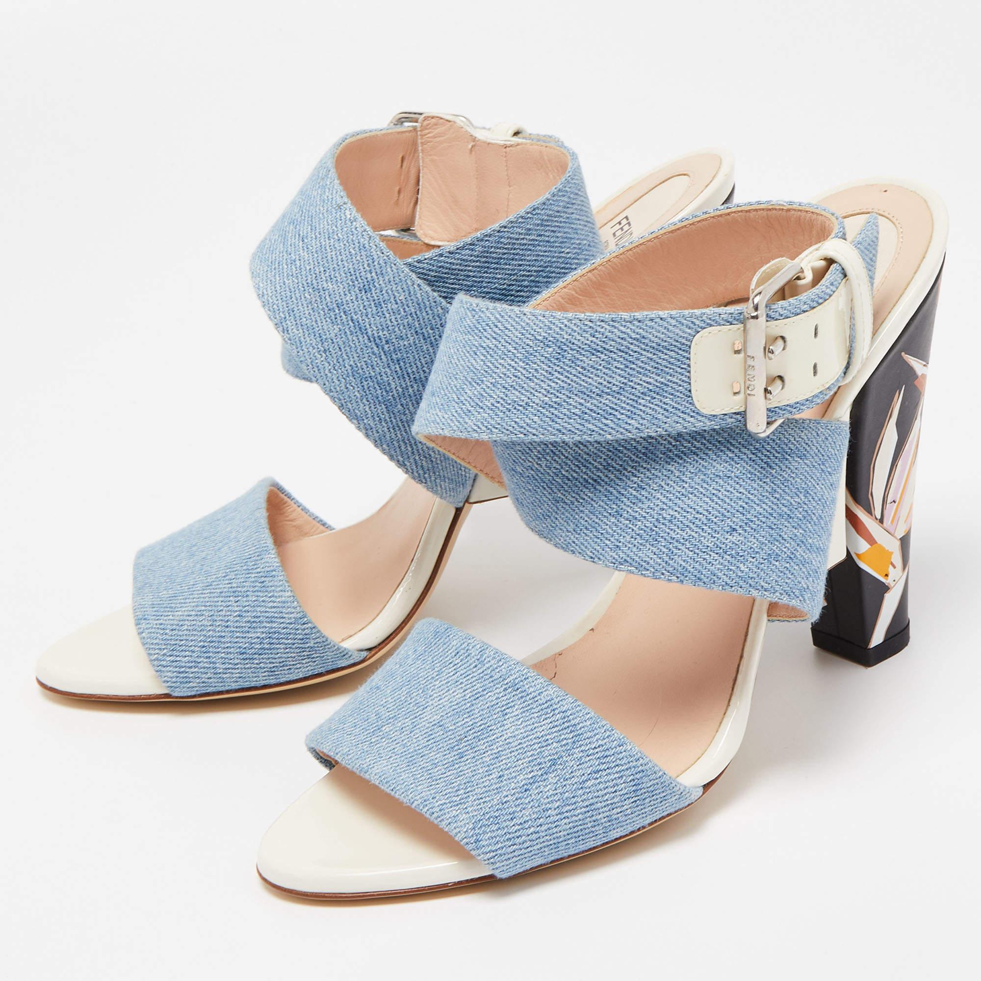 Fendi Blue Denim Buckle Detail Floral Heel Ankle Wrap Sandals Size 39 3