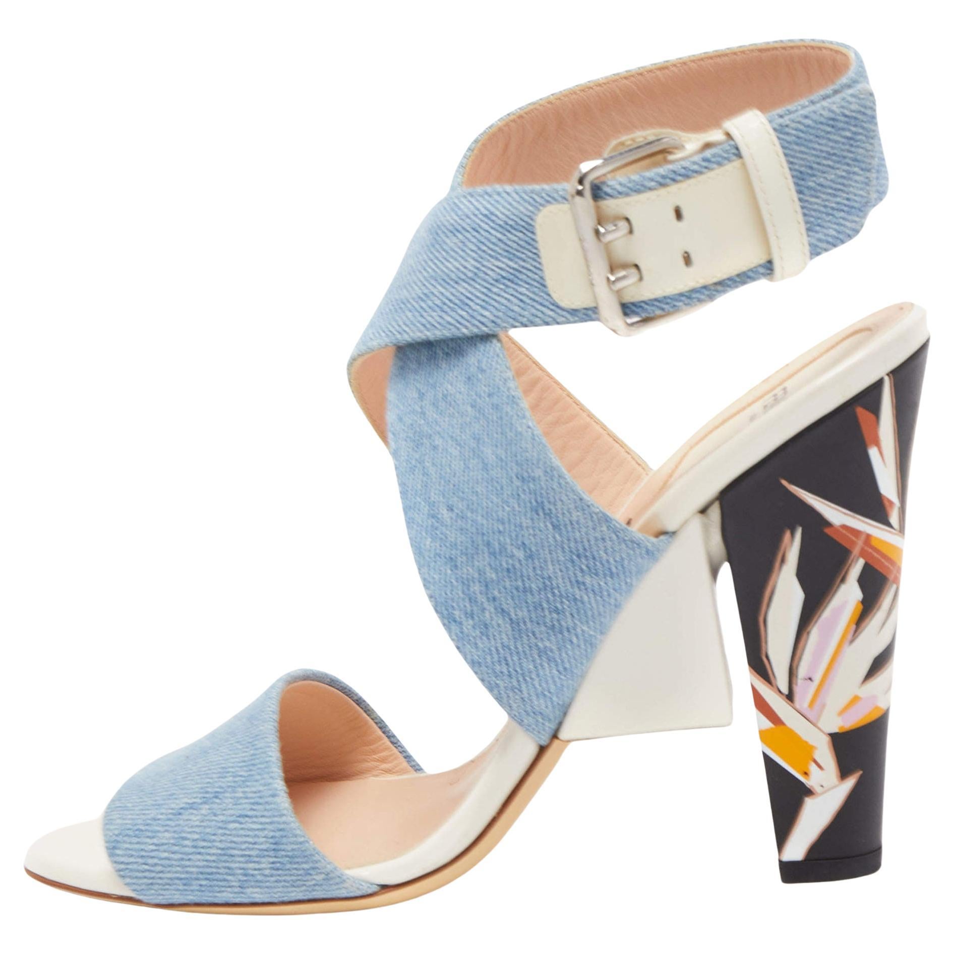 Fendi Blue Denim Buckle Detail Floral Heel Ankle Wrap Sandals Size 39