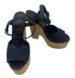 Fendi Blue Denim Cork Wedge Sandal Heels, 35, 2000s