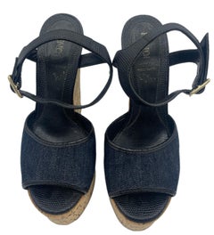 Fendi Blue Denim Cork Wedge Sandal Heels, 35, 2000s