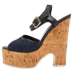 Fendi - Sandalo con zeppa in sughero e denim blu, 35 anni, 2000