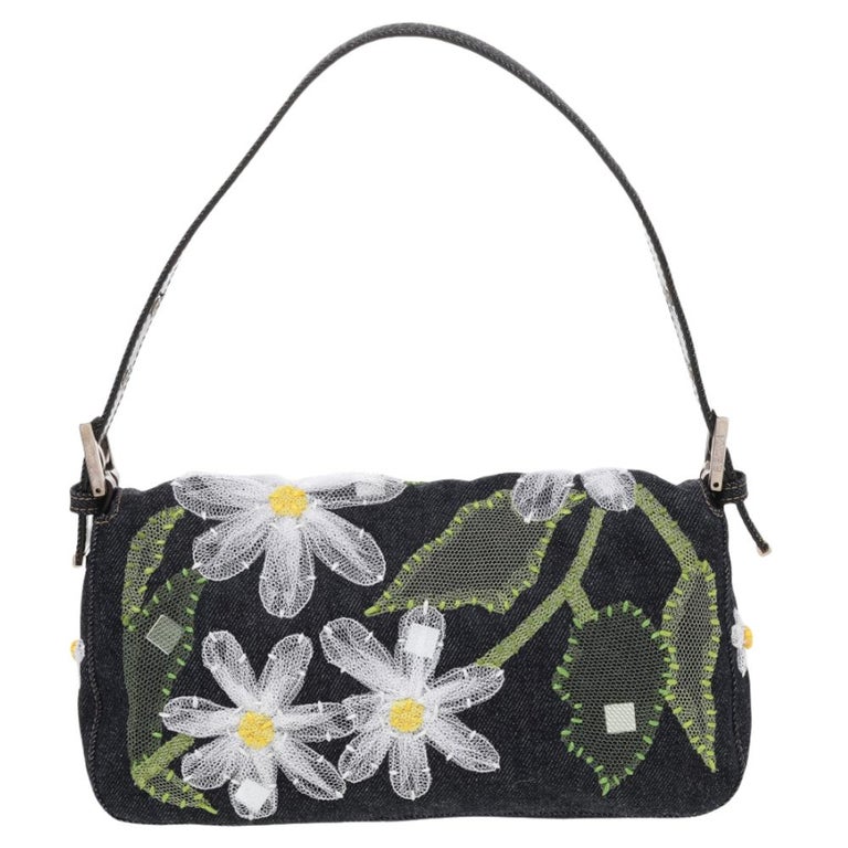 FENDI Mamma Baguette Shoulder Hand Bag Floral Beaded Denim Indigo  2372-26424-008 