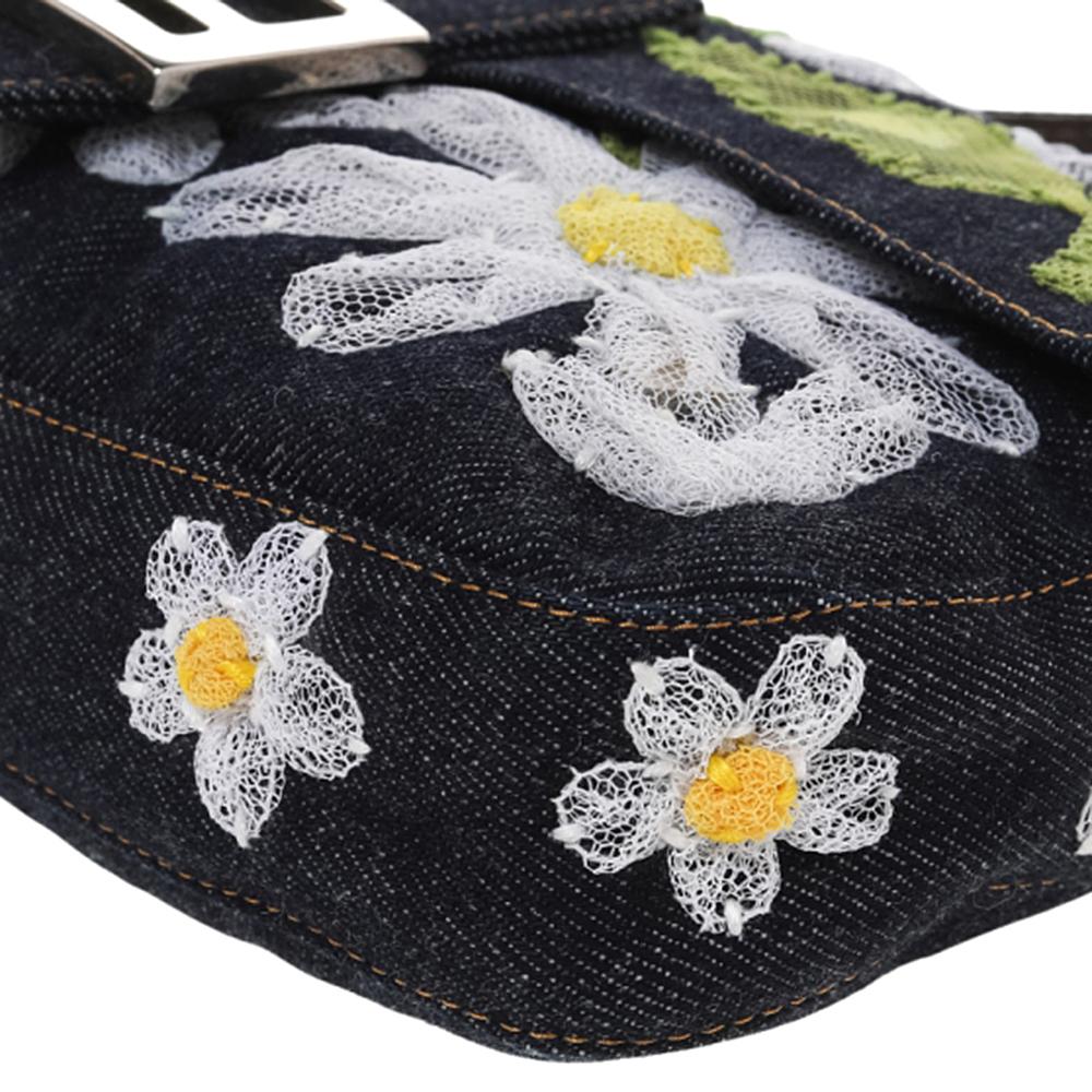 Fendi Blue Denim Floral Embroidered Mama Baguette Shoulder Bag 1