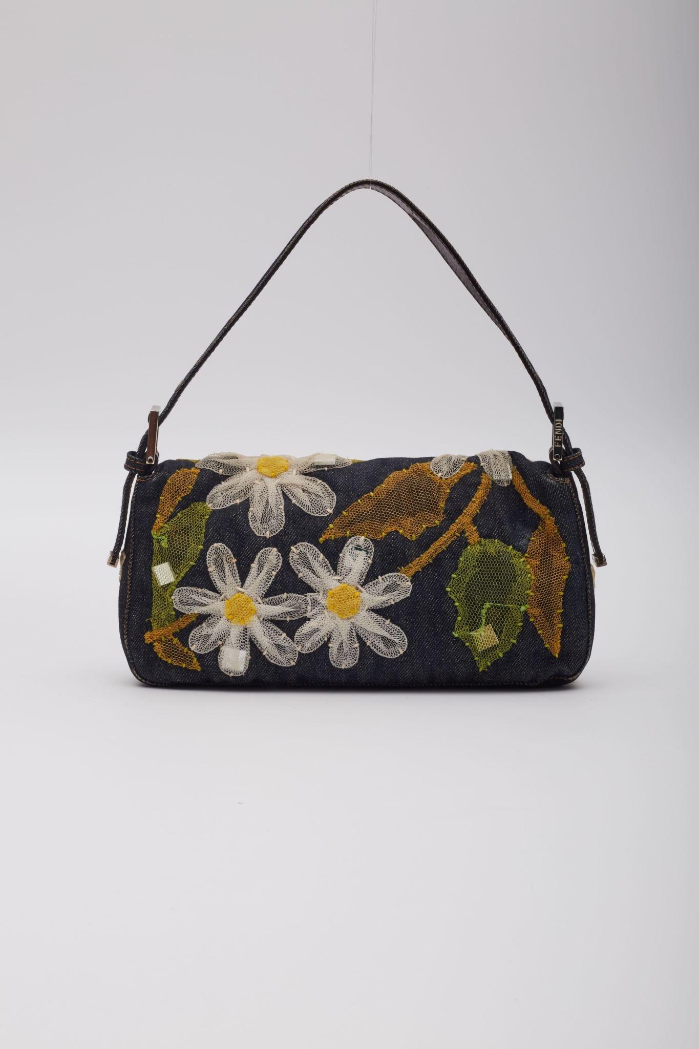 Black Fendi Blue Denim Flower Applique Baguette Bag