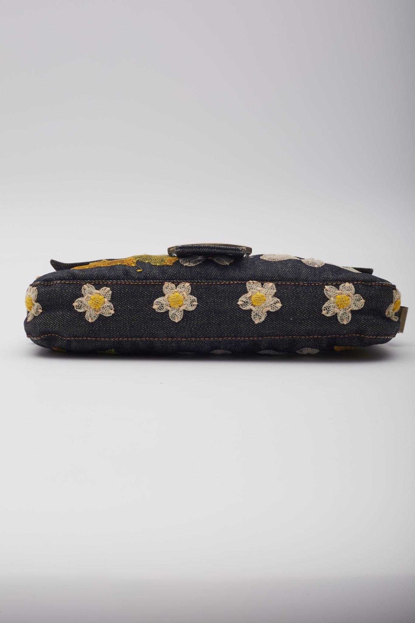 Fendi Blue Denim Flower Applique Baguette Bag 1
