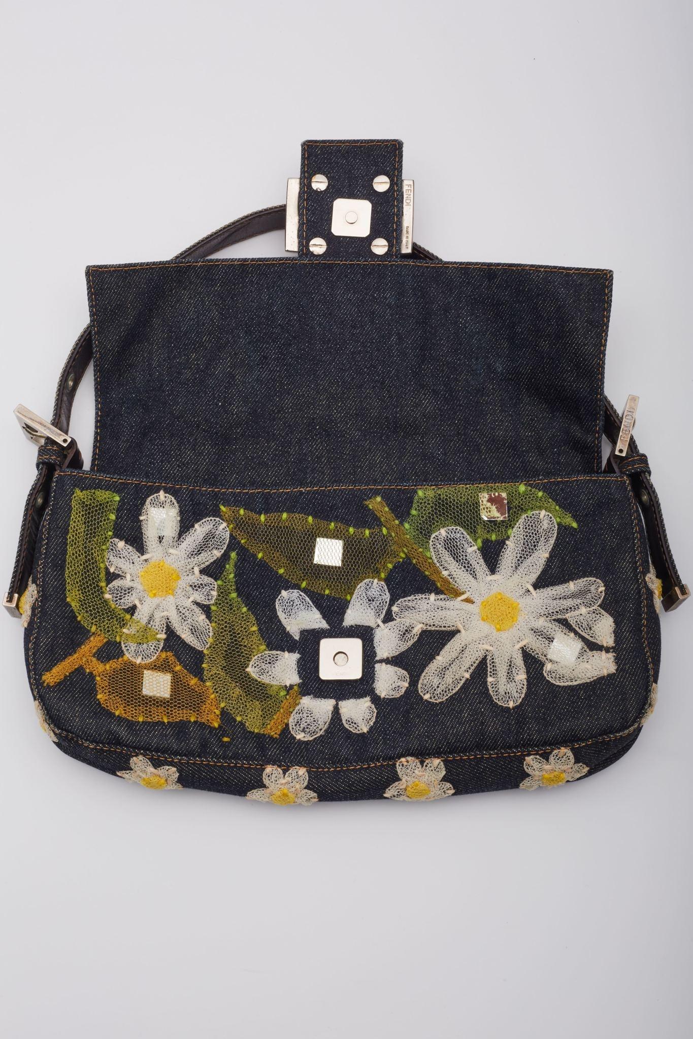Fendi Blue Denim Flower Applique Baguette Bag 3