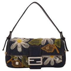 Fendi Blue Denim Flower Applique Baguette Bag