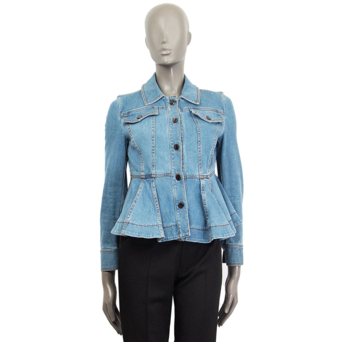 100% authentic Fendi stretch denim peplum jacket in denim blue cotton and elastane (missing content tag) with buttoned flap pockets at the chest. Closes with five buttons at front. Unlined. Has been worn and is in excellent