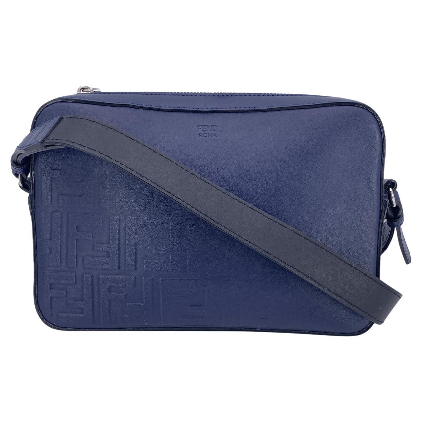 Fendi Blue Embossed Forever Fade Logo Leather Camera Crossbody Bag For Sale