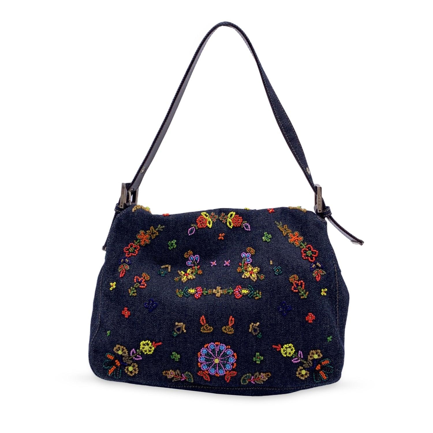 Fendi Blue Embroidery Beads Denim Mama Bag Shoulder Bag In Excellent Condition In Rome, Rome
