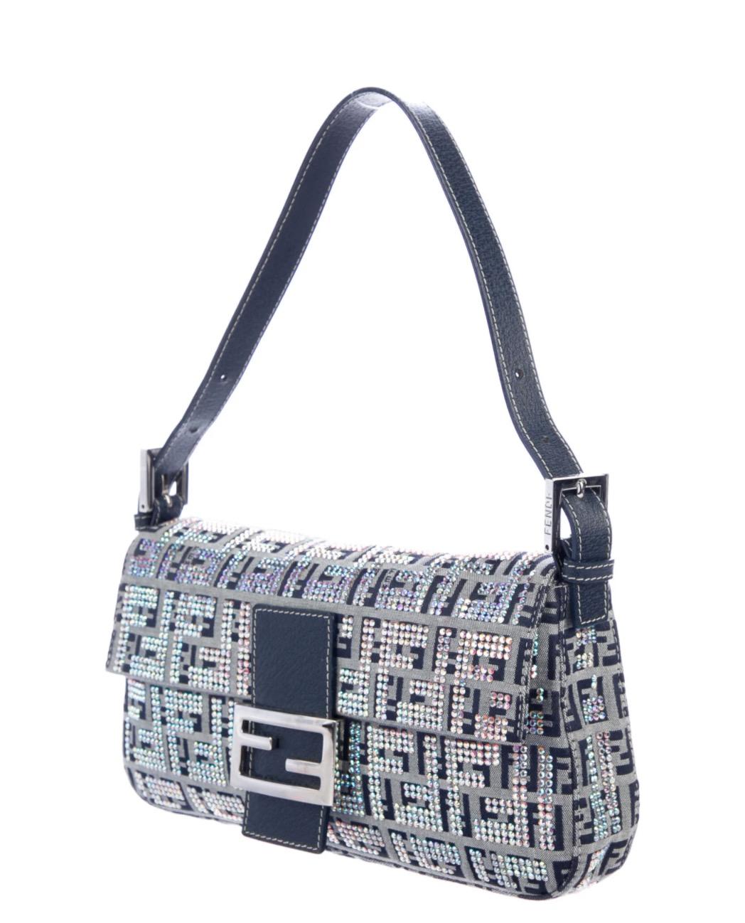 Fabric
Crystal 
Silver tone hardware
Satin lining
Snap closure
Shoulder strap drop 7