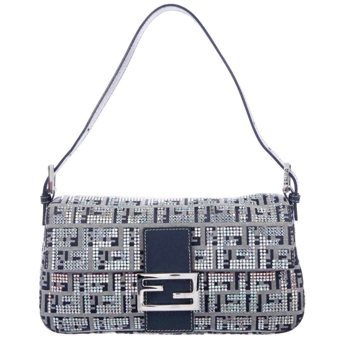 Fendi Blue Fabric Logo Crystal Iridescent Baguette Evening Shoulder Flap Bag For Sale