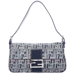 Fendi Blue Fabric Logo Crystal Iridescent Baguette Evening Shoulder Flap Bag